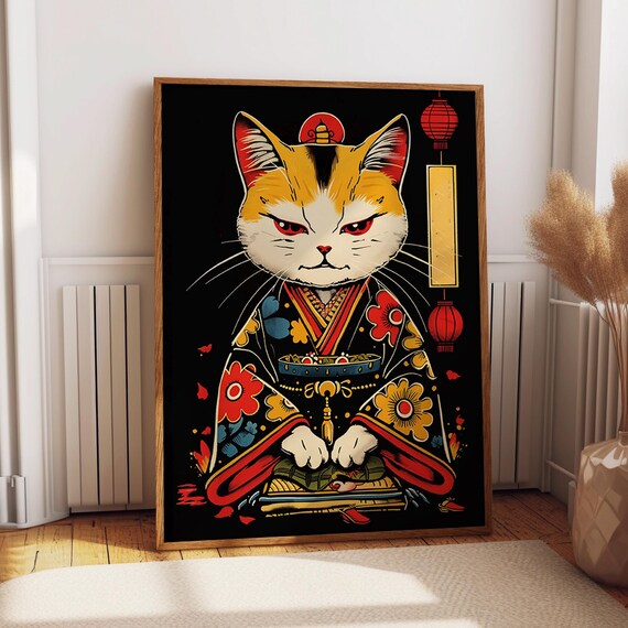 Japanese Cat in Floral Kimono Bold Graphic Art on Black Poster