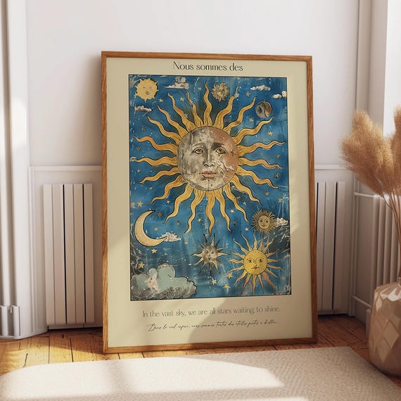 Sun And Moon Wall Art Antique Style Celestial Art Print Mystical Astology Wall Decor Poster Or Print