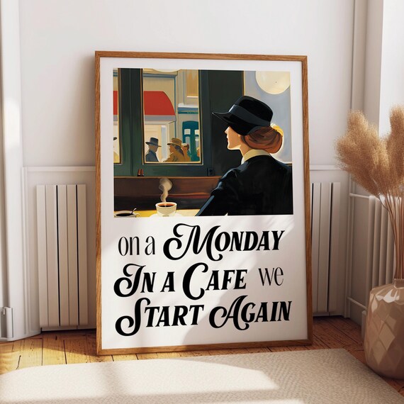 Monday Cafe Wall Art Nostalgic Woman In Hat Illustration Wall Decor Retro Coffee Shop Poster Poster Or Print