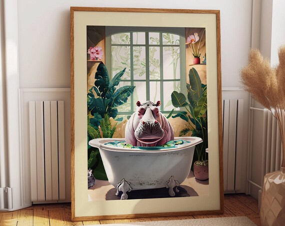 Whimsical Hippo Soaking in Bathtub Watercolor Funny Animal Poster