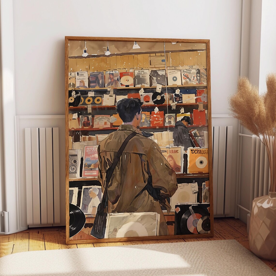 Man Browsing Vinyl Records in a Cozy Record Store Music Art Poster