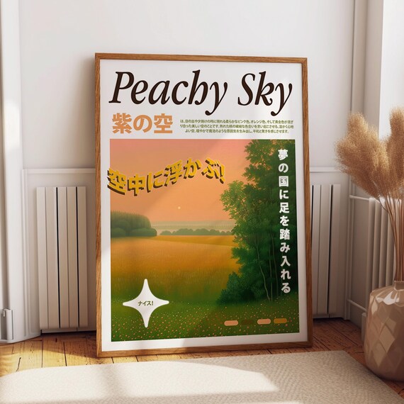 Peachy Sky Poster Japanese Meadow Landscape Wall Art Countryside Sunset Scene Illustration Poster Or Print