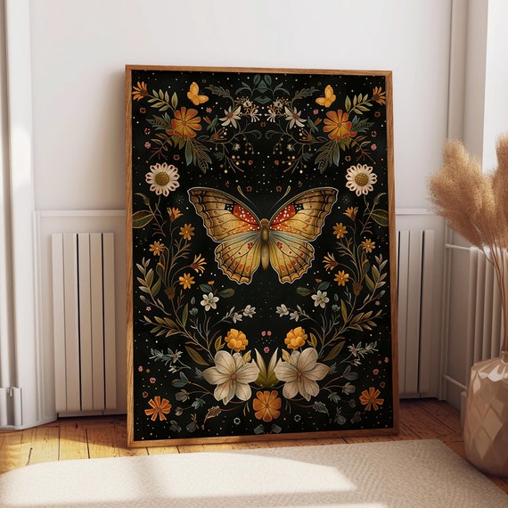 Butterfly Wall Art Poster Butterfly And Flowers Black Background Artwork Botanical Floral Night Garden Print Poster Or Print