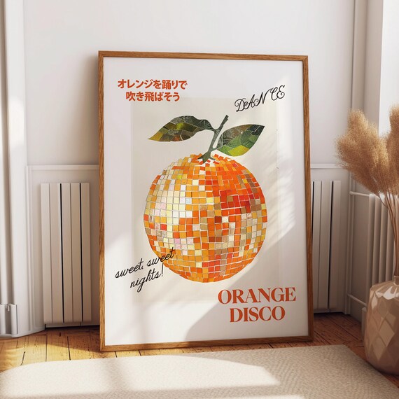 Orange Disco Ball Art Print Retro Funk Art 70s Inspired Citrus Dance Poster Orange Mosaic Artwork Wall Decor Poster Or Print