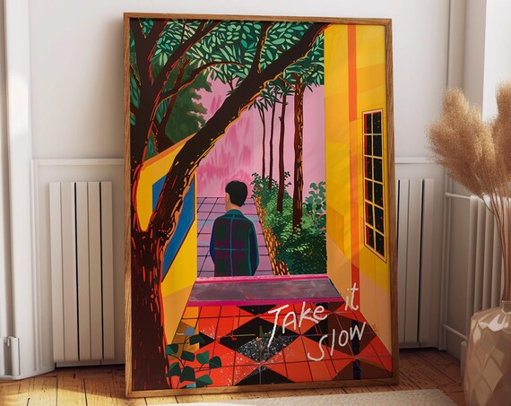 Take It Slow Serene Pink Courtyard Tree Landscape Art Poster
