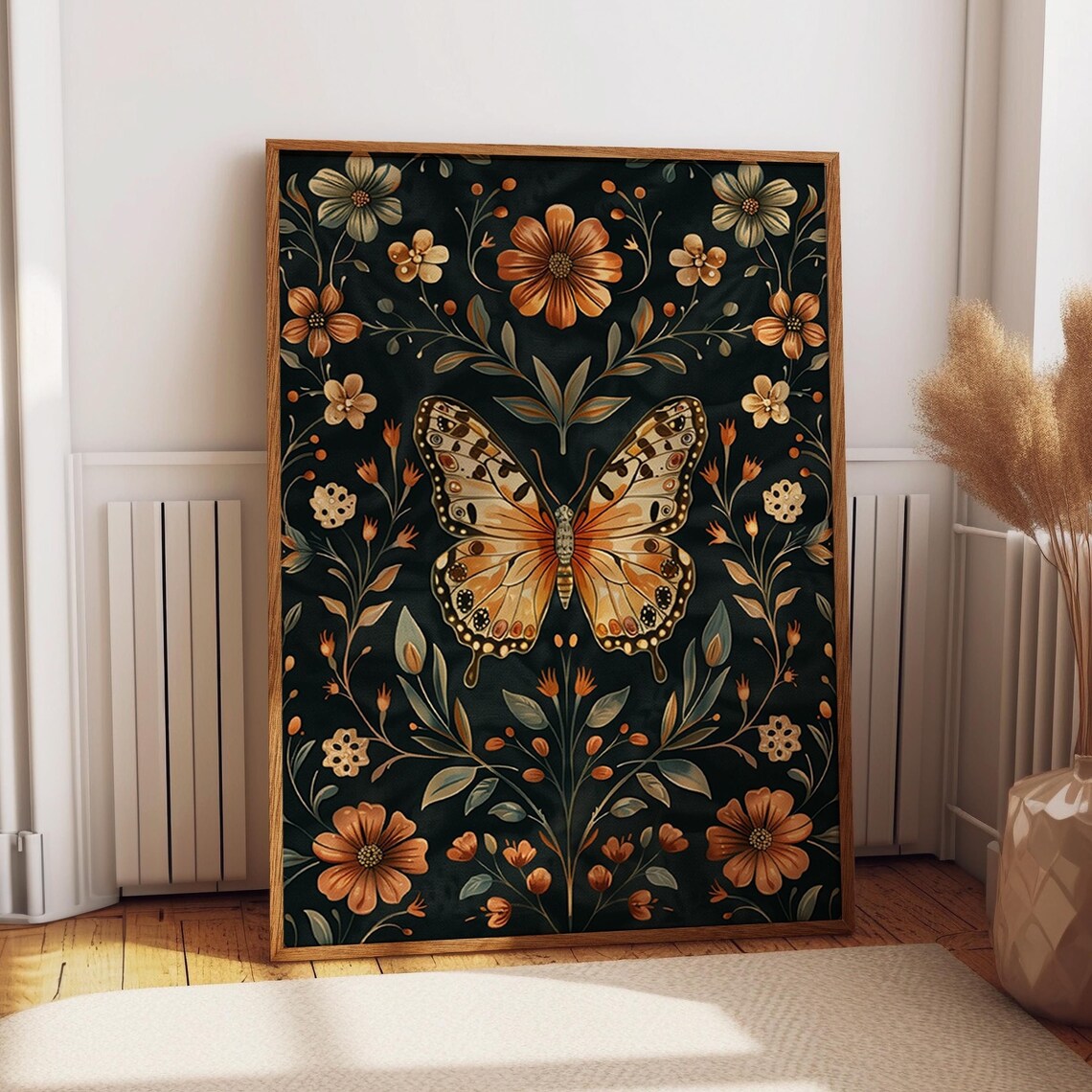 Dark Butterfly and Floral Midnight Botanical Illustration