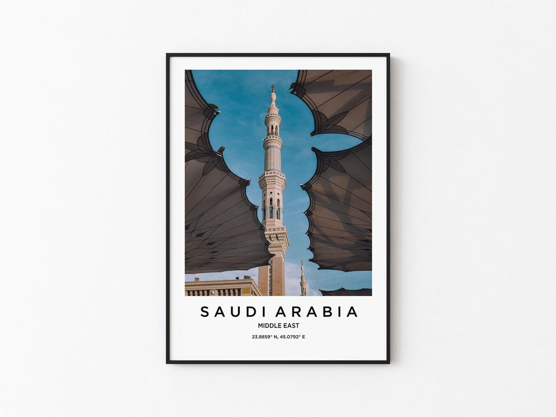 Saudi Arabia Minaret Framed by Courtyard Canopy Umbrellas Poster