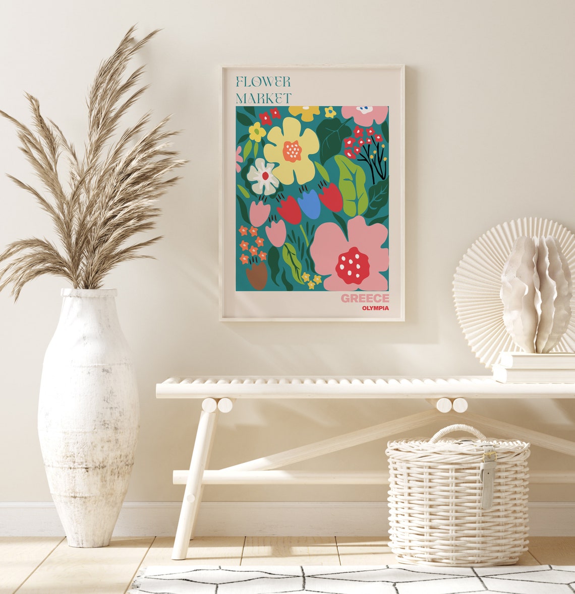Greece Olympia Lively Bold Folk Art Teal Flower Market Poster - Image 2