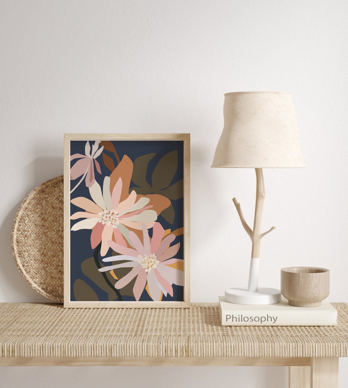 Neutral Boho Floral Artwork in Soft Cream Blush and Navy Poster - Image 3