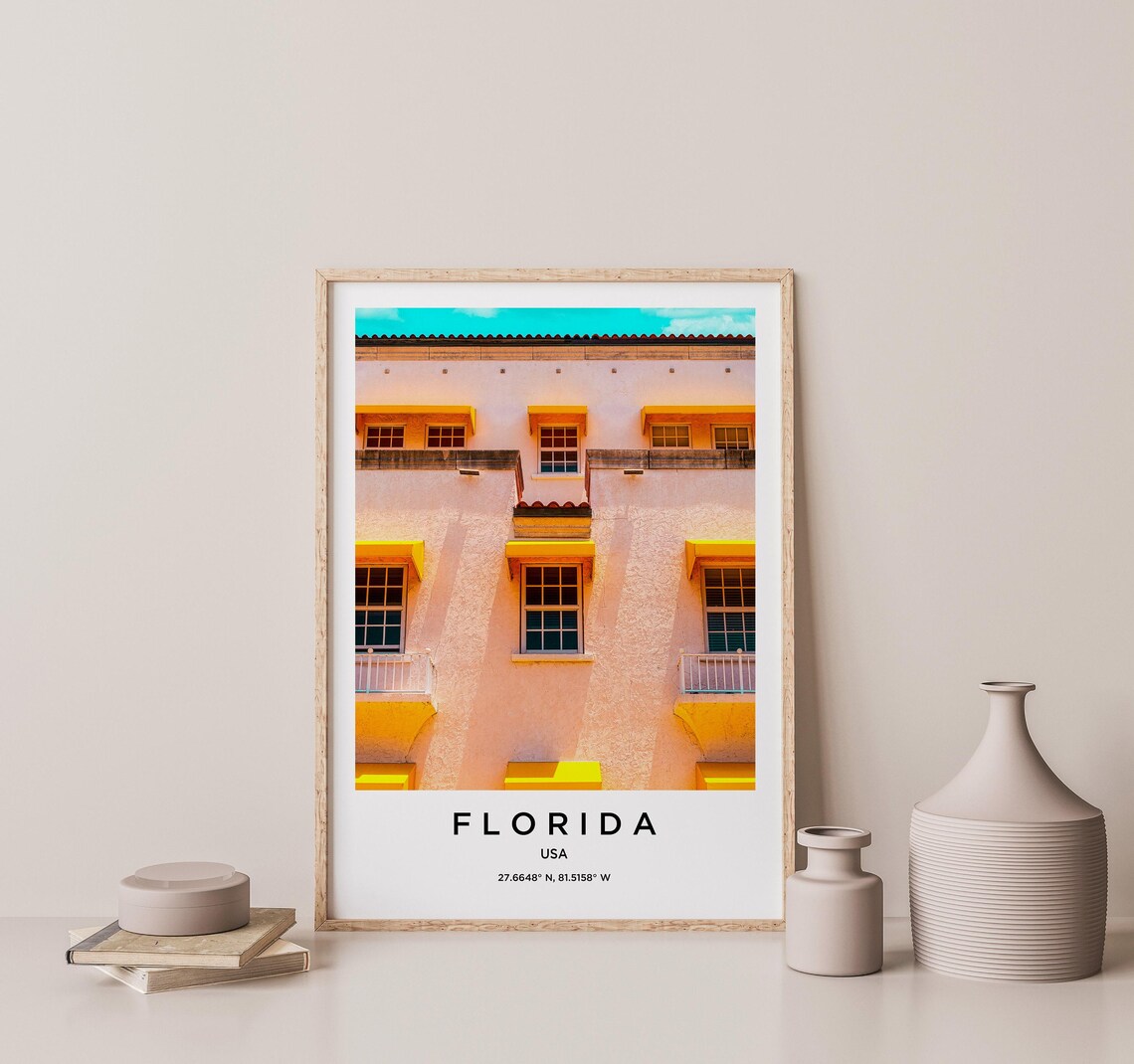 Florida USA Art Deco Building Bright Yellow Awnings Travel Poster - Image 2