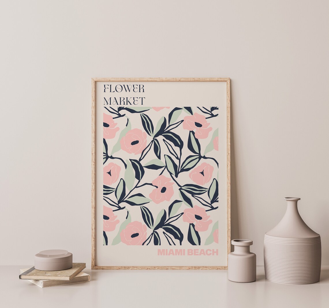 Miami Beach Flower Market Blush Pink Peony and Navy Leaf Art Poster - Image 3