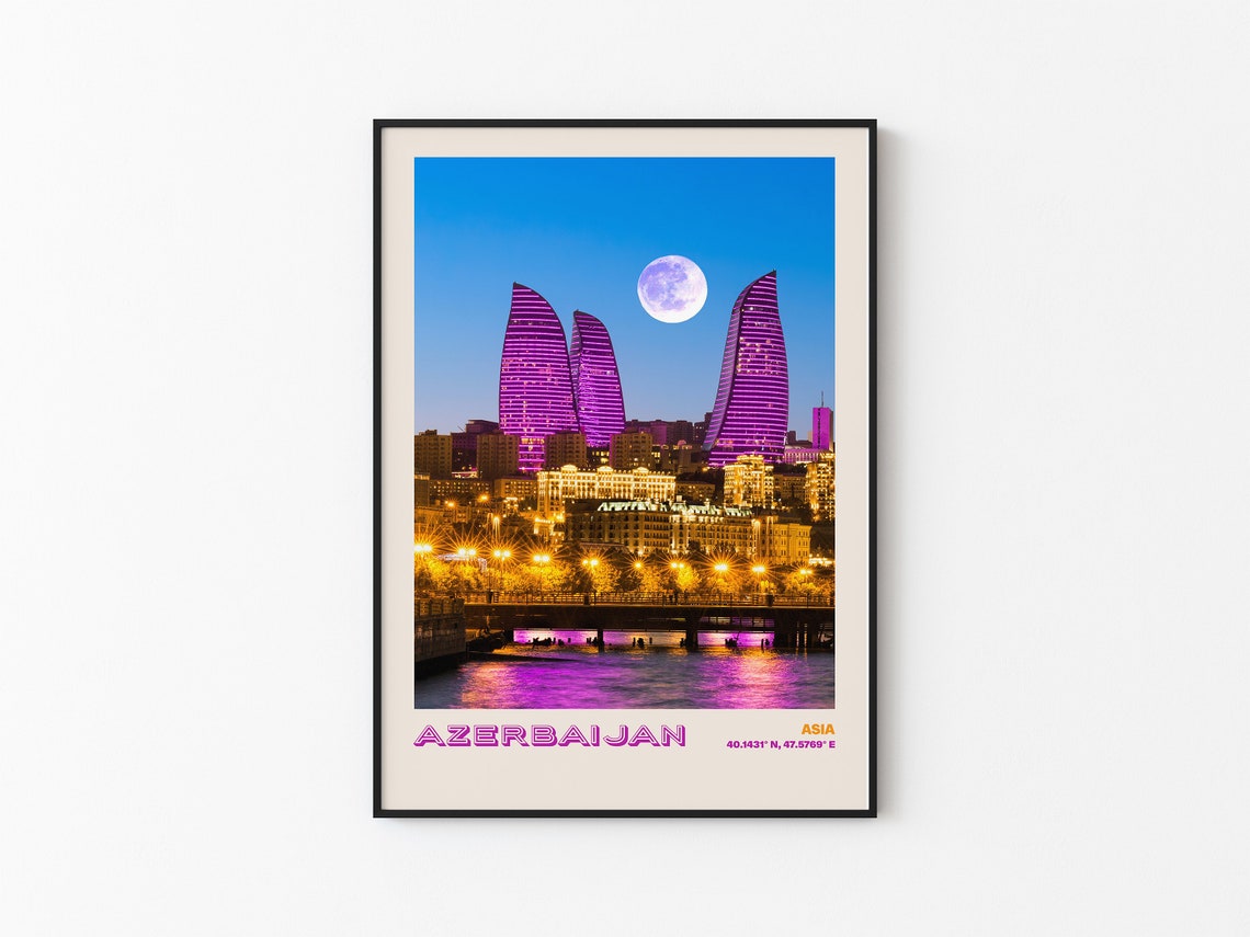 Azerbaijan Asia Baku Flame Towers Night Moon Skyline View Poster - Image 3