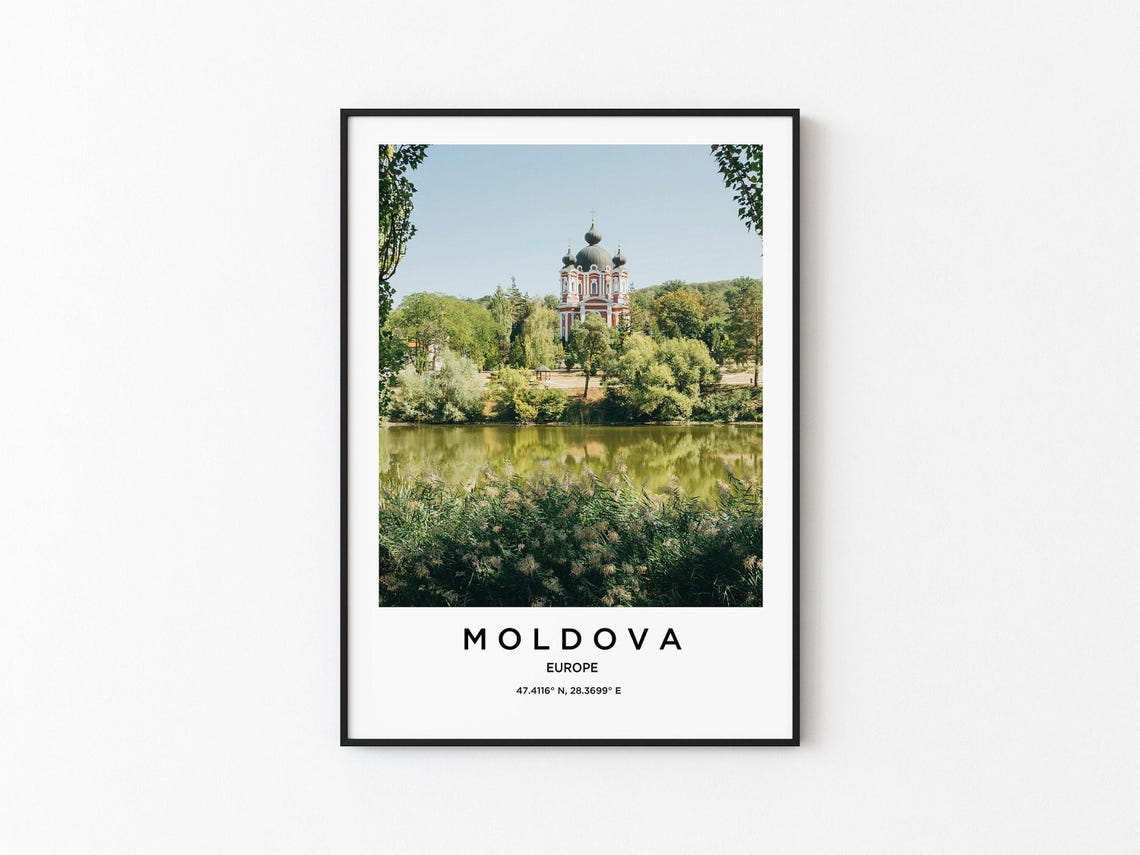 Moldova Orthodox Church Domes Reflected Lake Greenery Poster