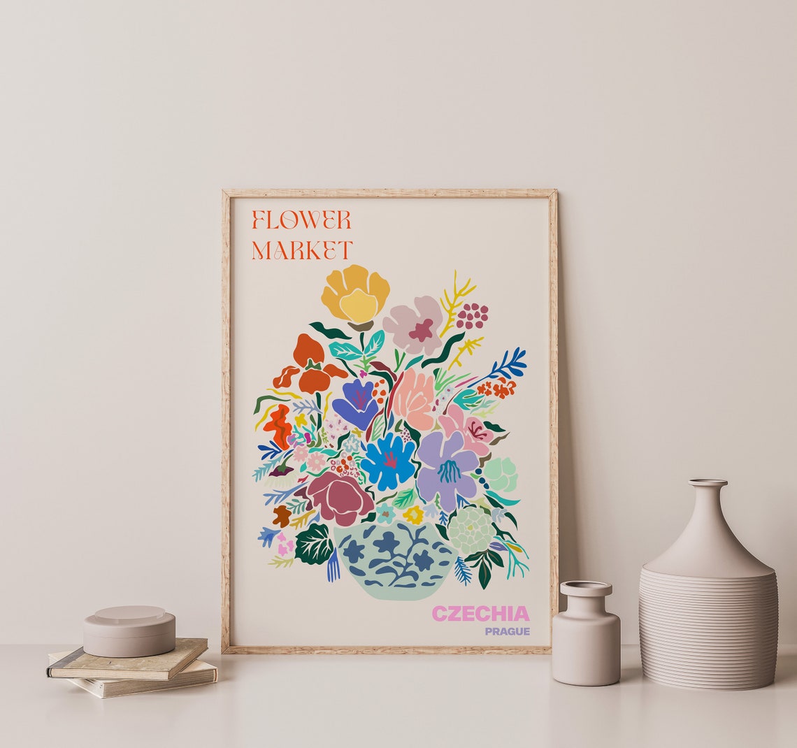 Czechia Prague Bloom Bouquet Patterned Vase Flower Market Poster - Image 3
