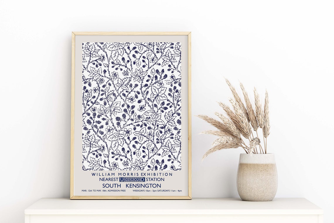 William Morris Exhibition Navy Blue Line Art Botanical Poster - Image 2