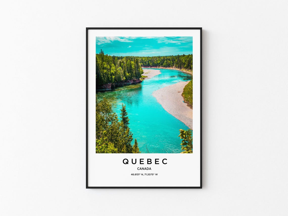 Quebec Canada Turquoise River Green Forest Aerial Travel Poster