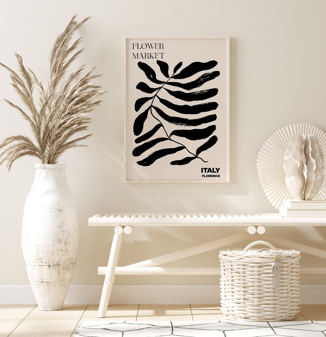 Italy Flower Market Florence Black Brushstroke Leaf Art Poster - Image 2