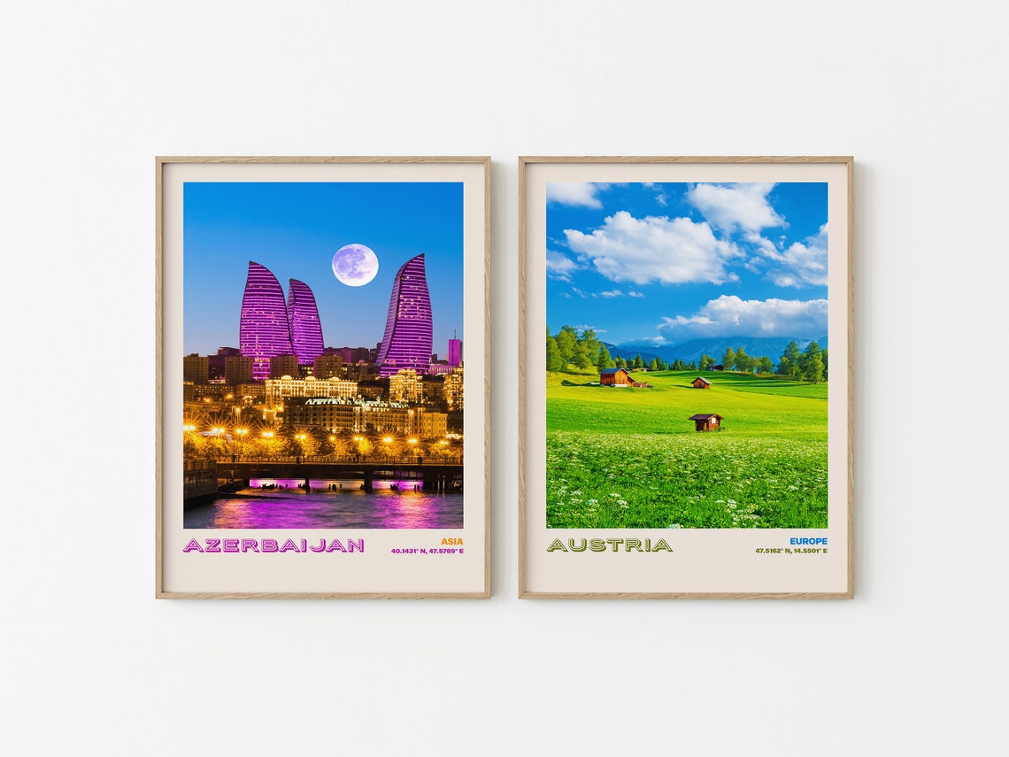 Azerbaijan Asia Baku Flame Towers Night Moon Skyline View Poster - Image 2