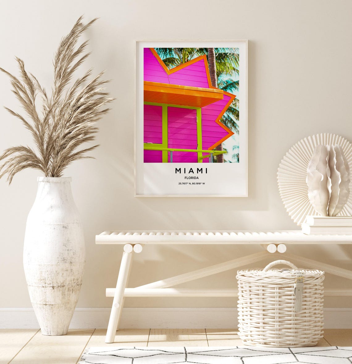 Miami Florida Pink Lifeguard Tower Palm Trees Beach Photo Poster - Image 3