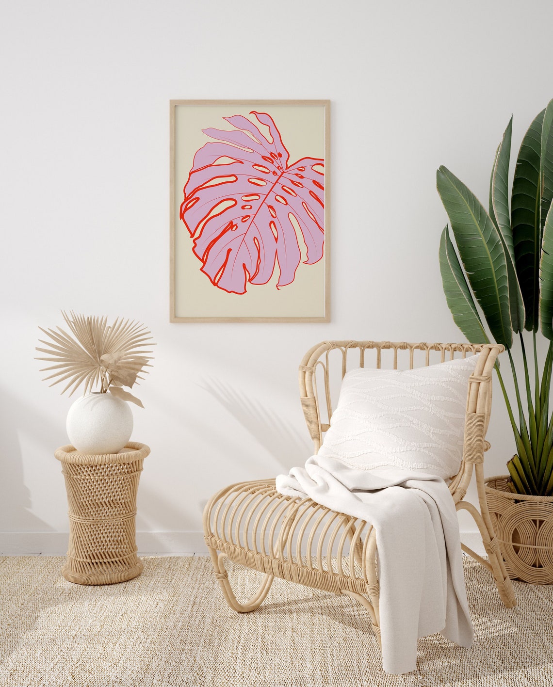 Pink and Red Monstera Leaf Botanical Illustration Wall Poster - Image 3