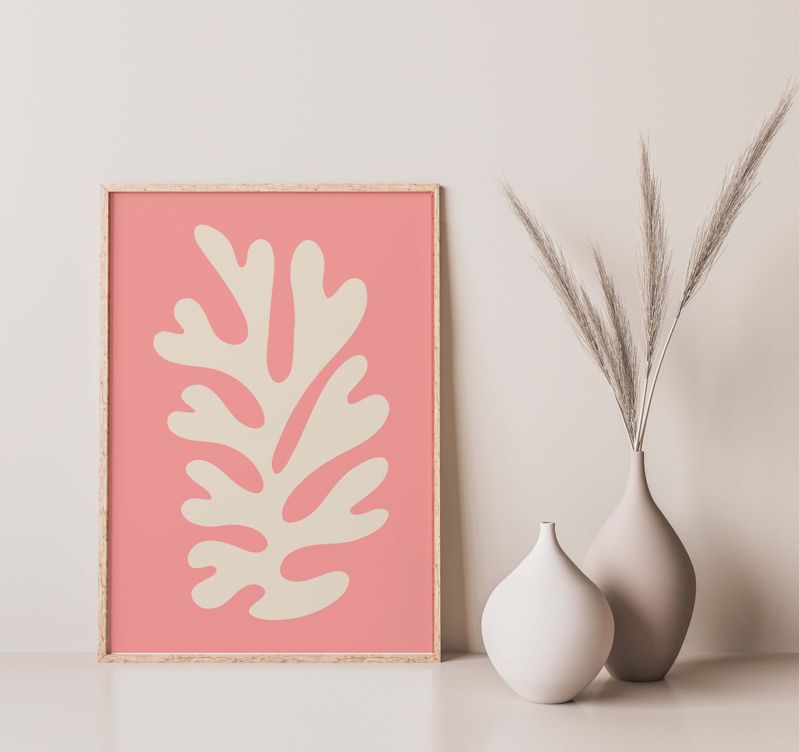 Coral Pink Palm Leaf Cut Out Minimalist Matisse Style Poster - Image 2