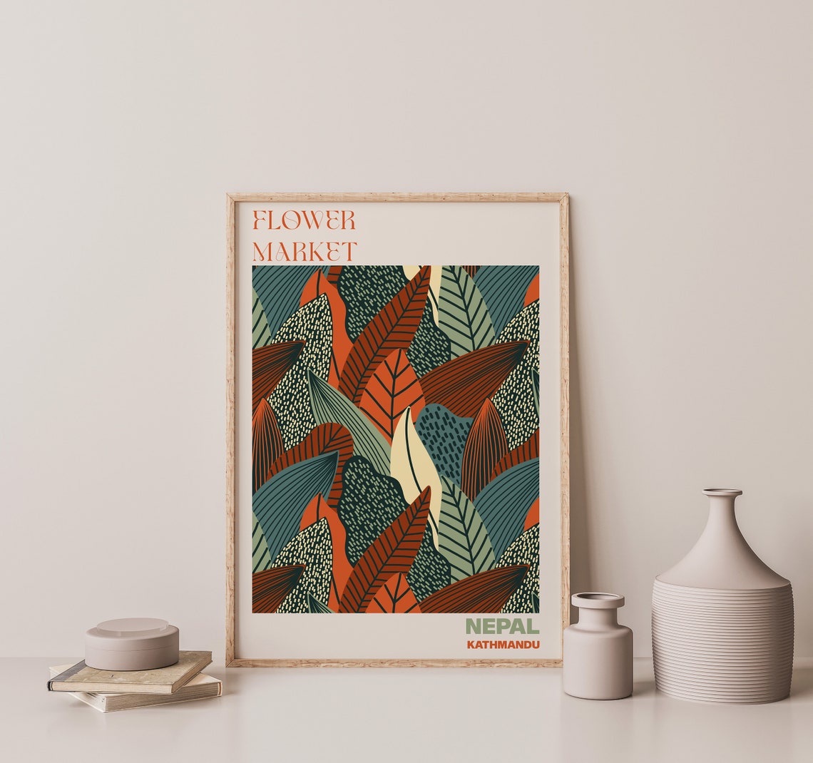 Nepal Flower Market Poster Kathmandu Rust Tropical Leaf Artwork - Image 2