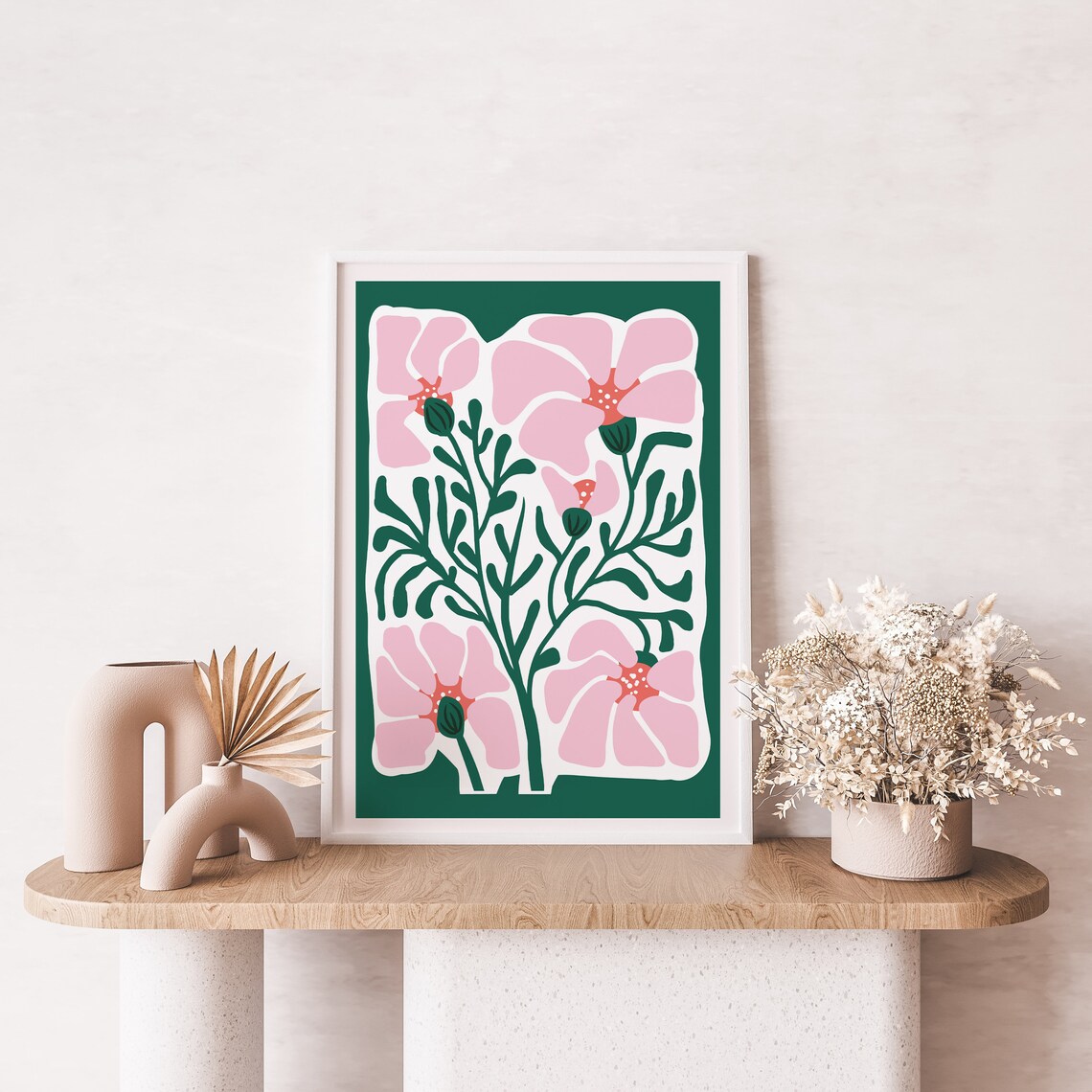 Bold Pink Flowers Deep Green Modern Floral Botanical Art Poster - Image 2