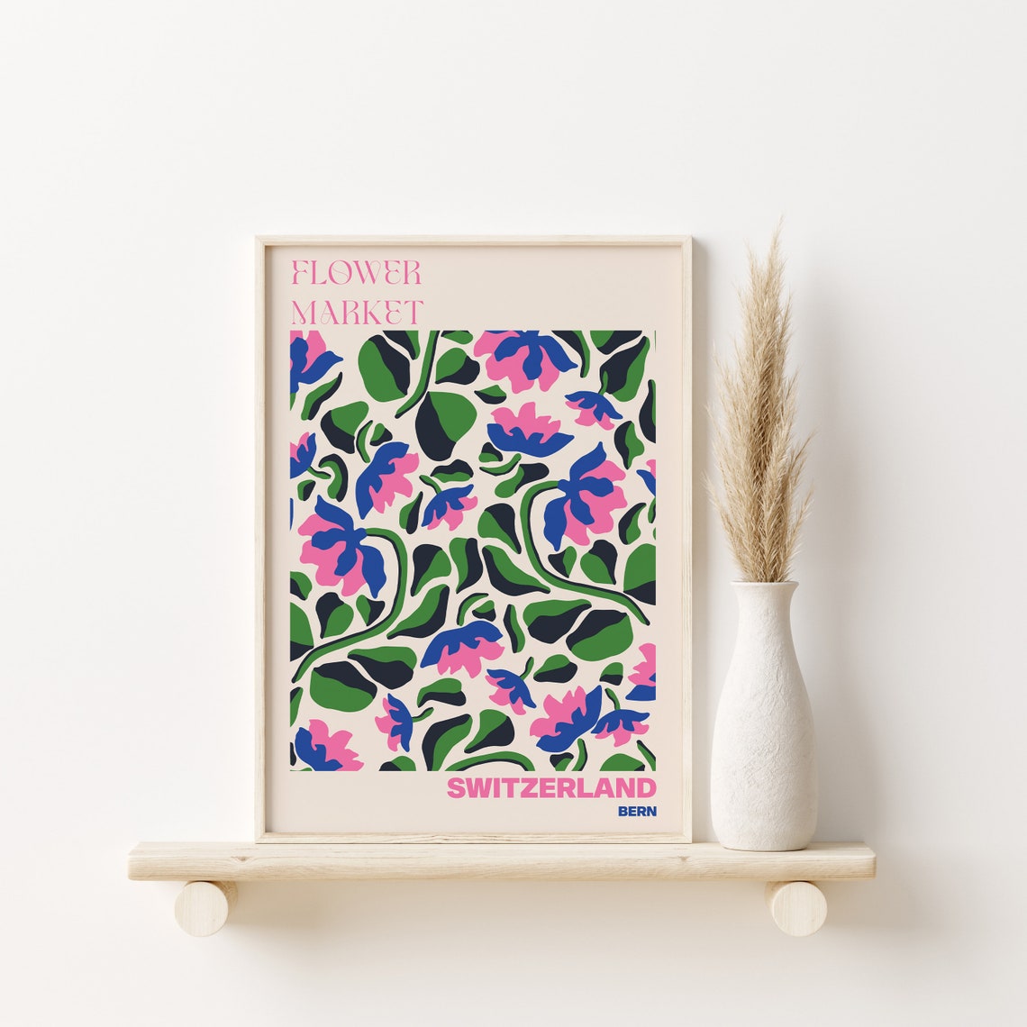 Switzerland Bern Bold Pink Blue Flower Market Botanical Poster - Image 2