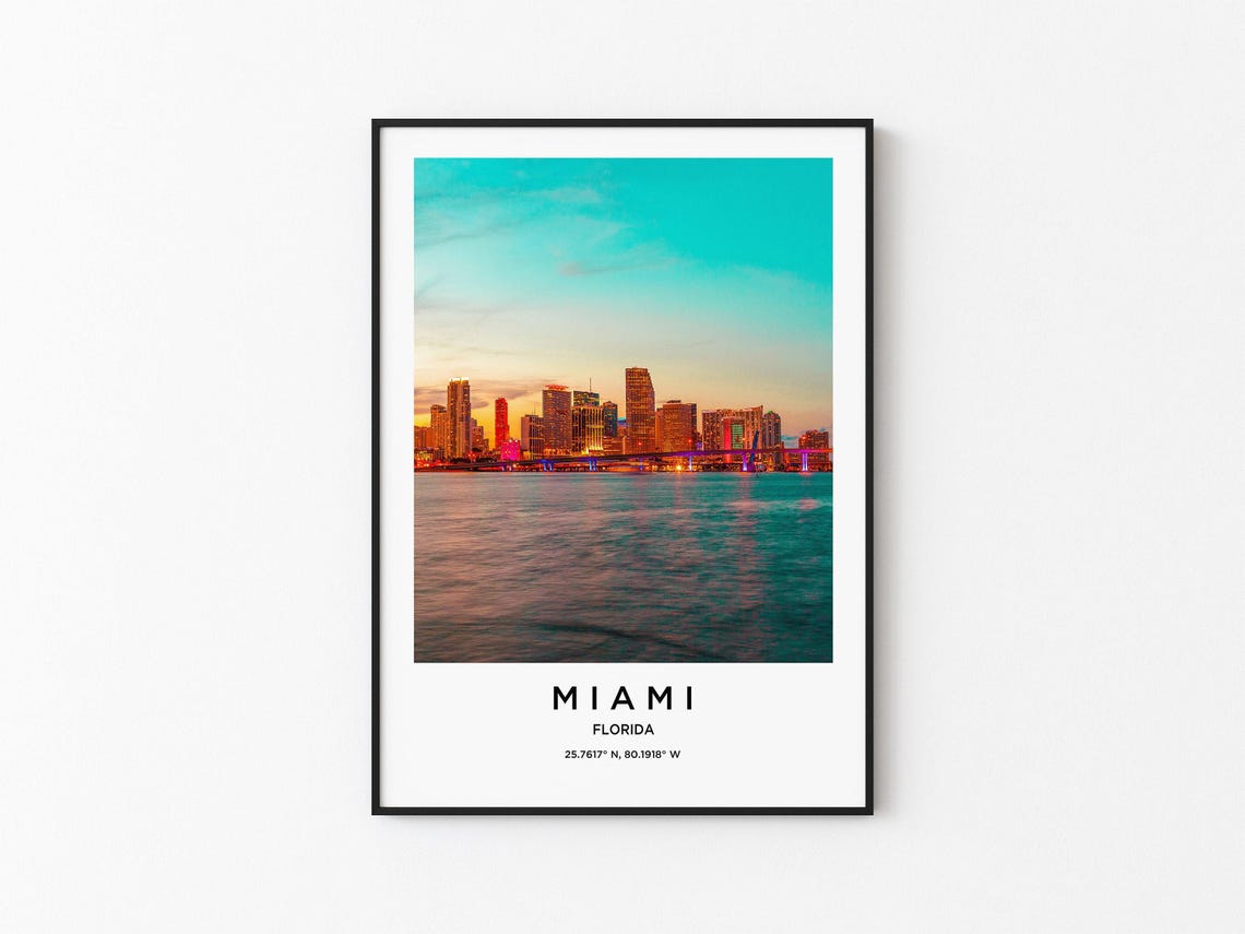 Miami Florida Pastel Sunset Skyline Glowing Over the Water Poster
