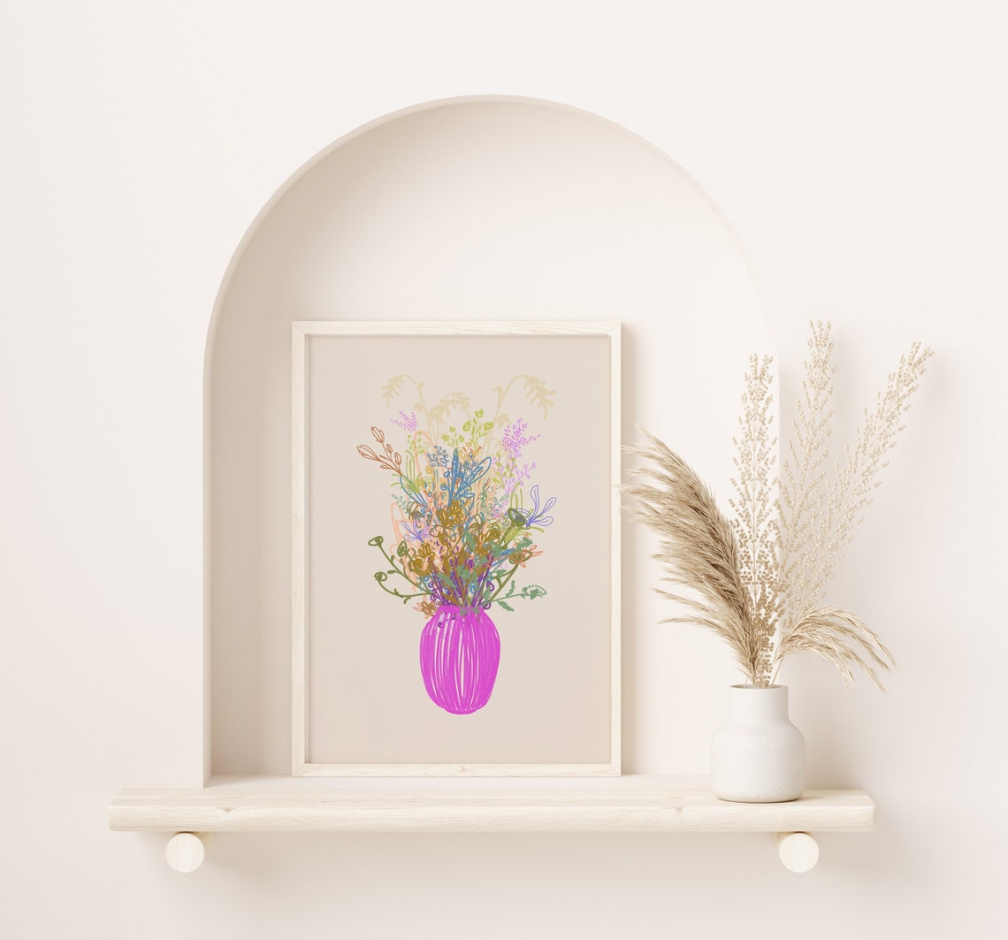 Pink Vase With Colorful Wildflower Line Art Poster For Entryway Decor - Image 3