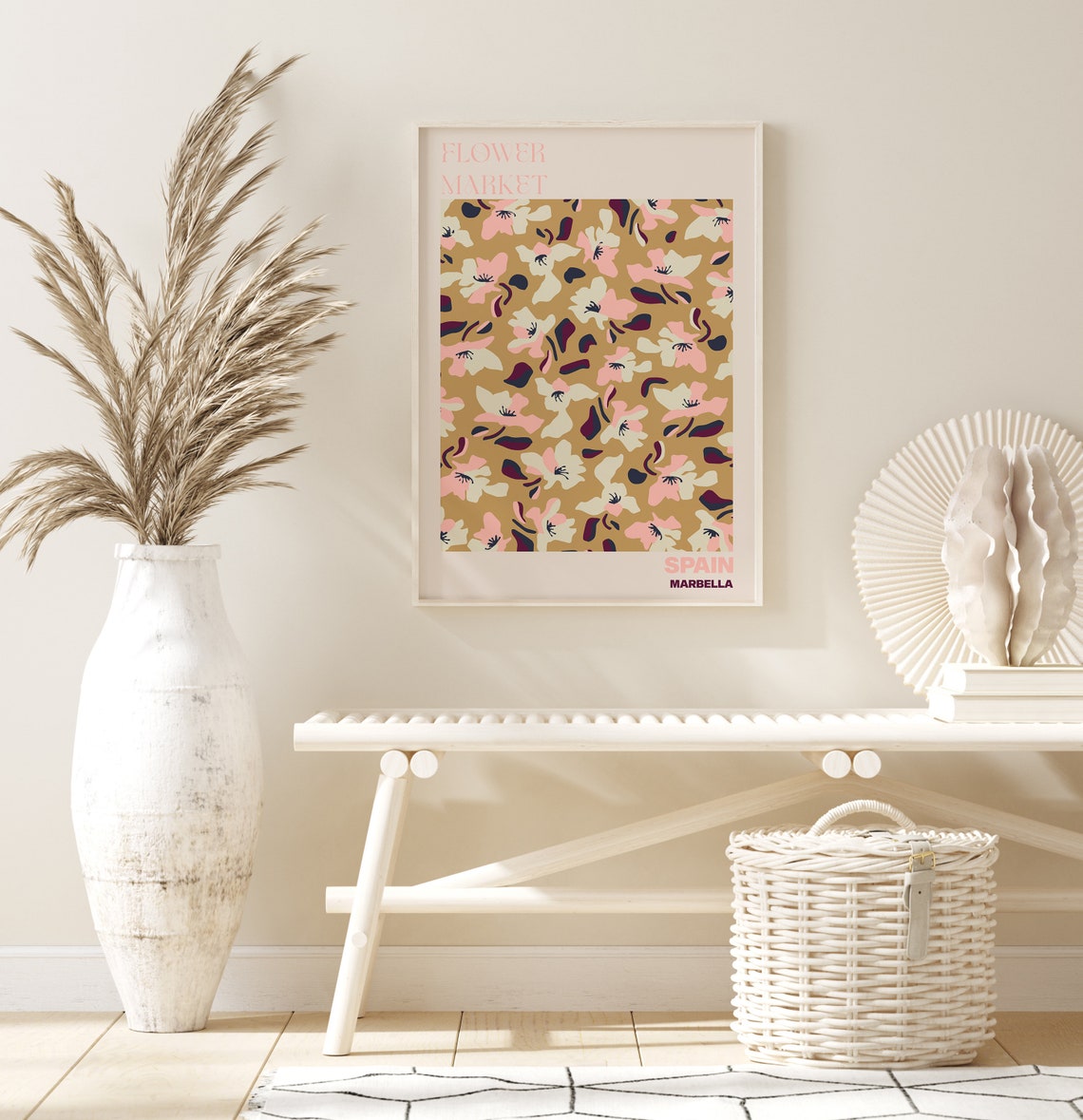 Flower Market Spain Marbella Tan Blossom Neutral Pattern Poster - Image 2
