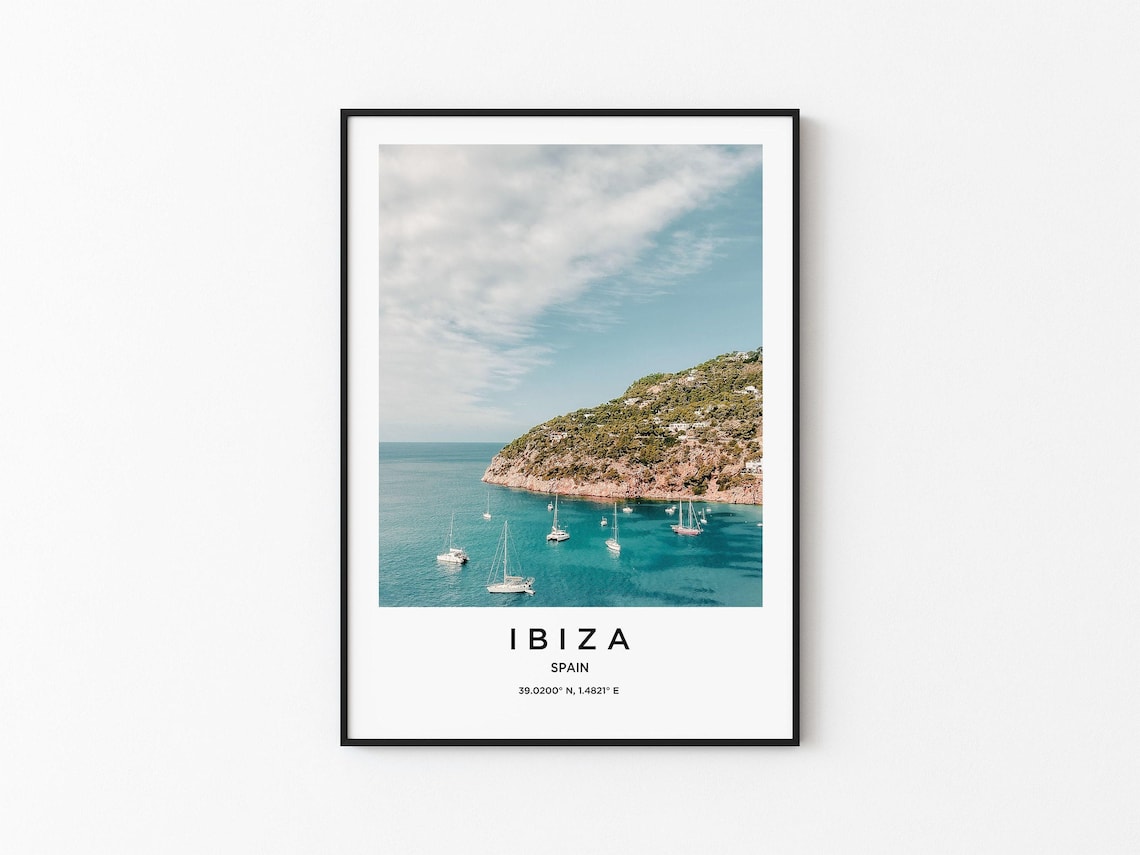 Ibiza Spain Sailboats Anchored Bay Rocky Coast Travel Poster