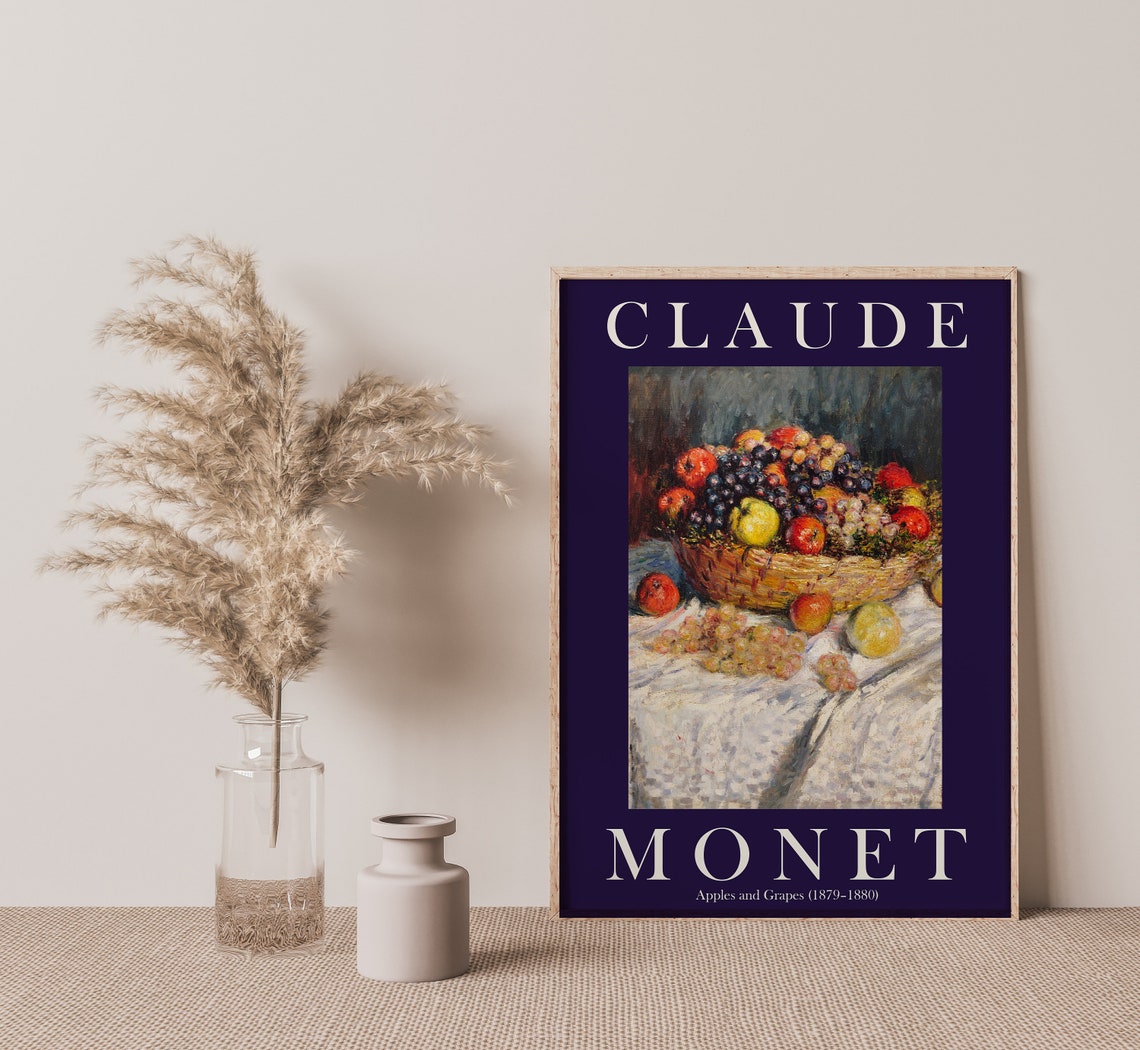 Claude Monet Apples and Grapes Still Life Navy Border Poster - Image 2
