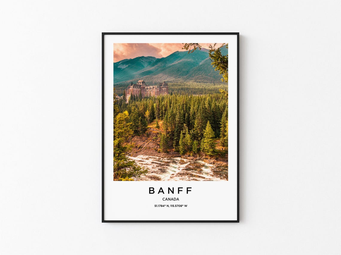 Banff Canada Grand Mountain Hotel Pine Forest Peaks Travel Poster