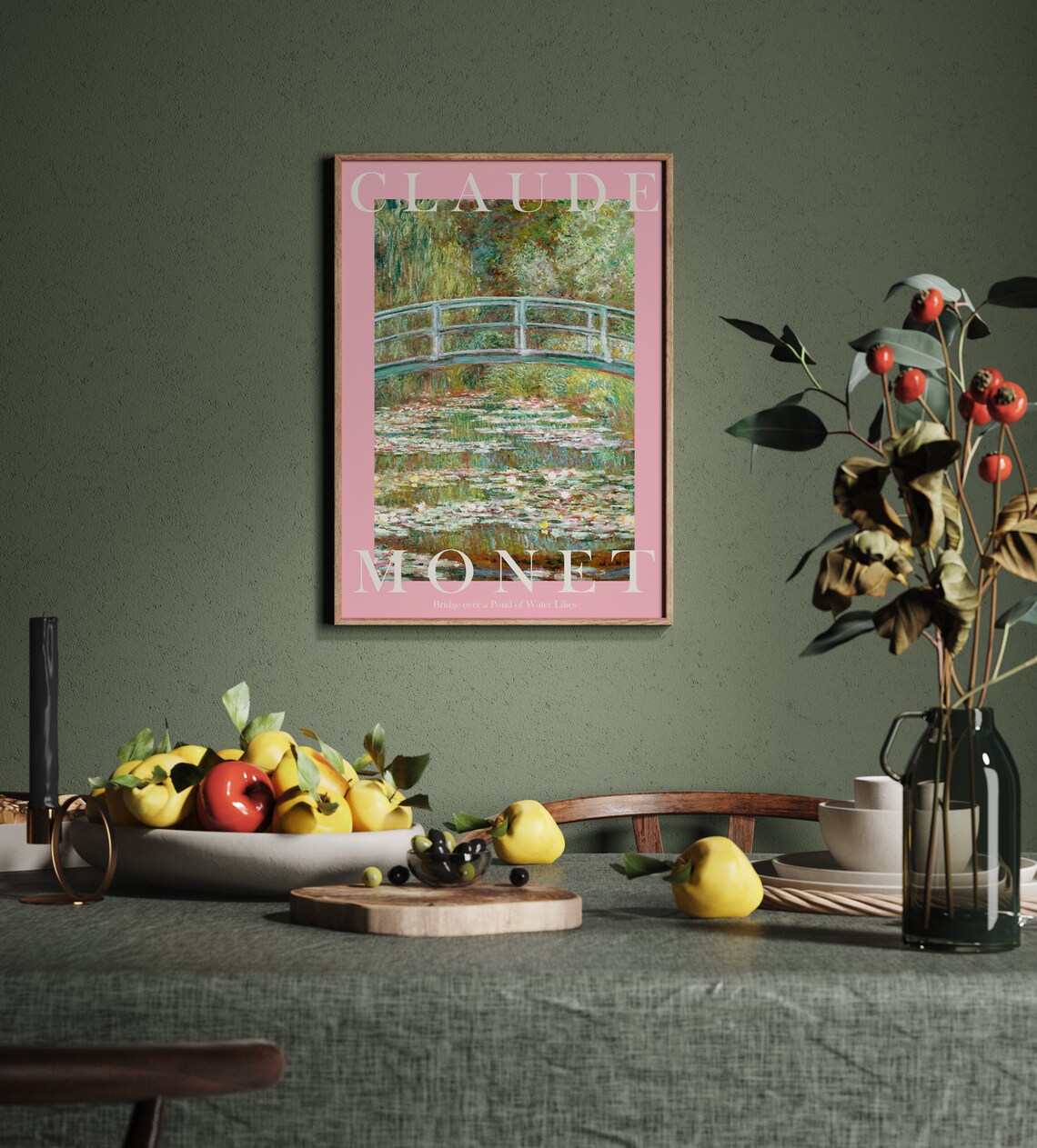 Claude Monet Bridge Over Water Lilies Pond Pink Border Poster - Image 2