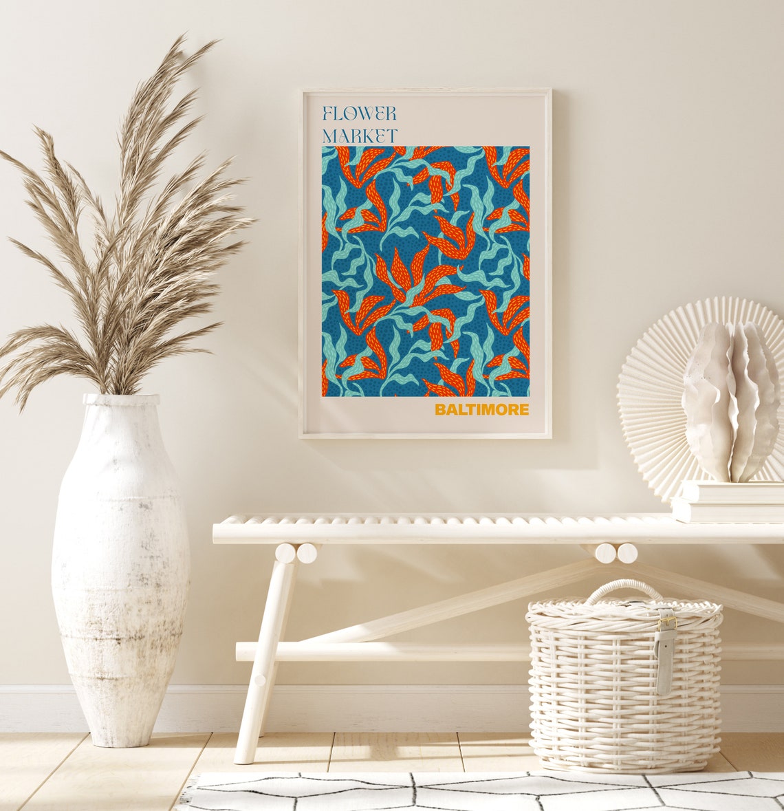Baltimore Flower Market Orange Flame Petal Blue Pattern Poster - Image 3
