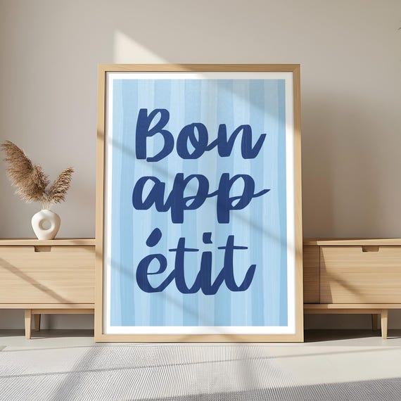 Bon Apptit Print French Quote Preppy Blue Stripes