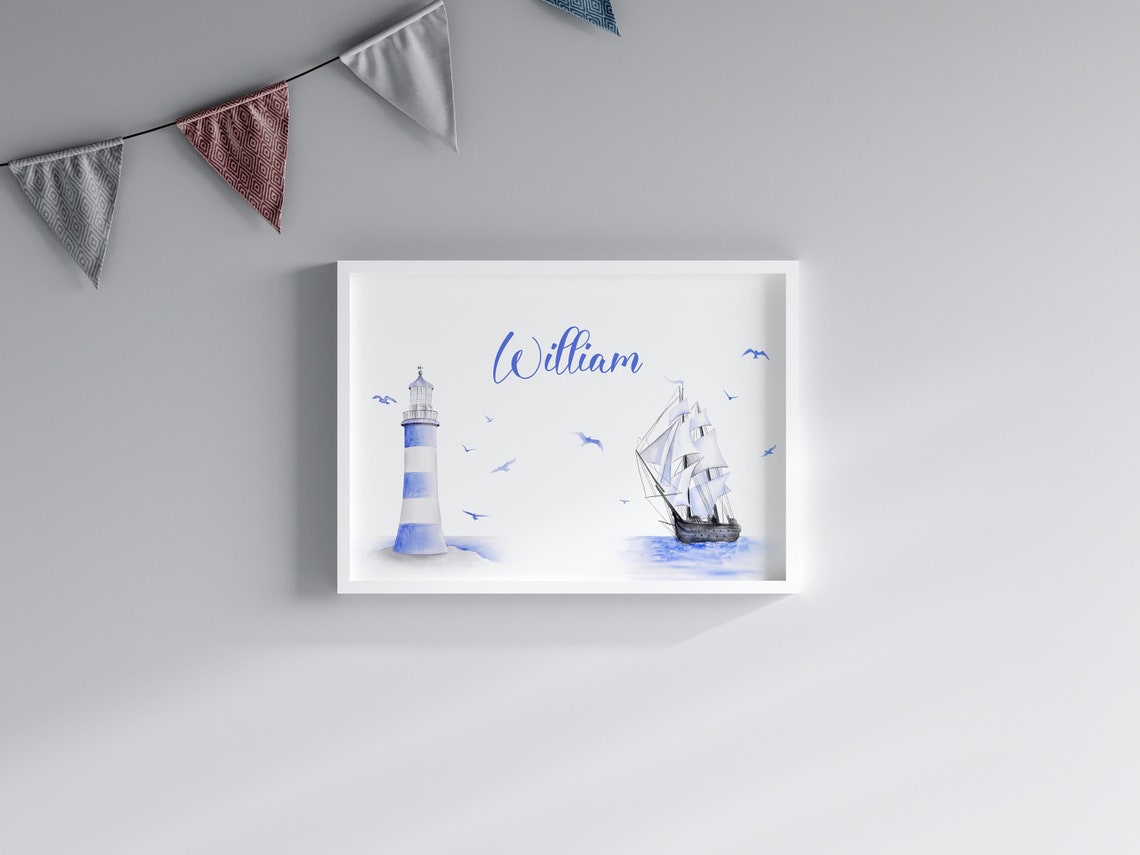 William Personalized Lighthouse Sailing Ship Nautical Nursery Poster - Image 2