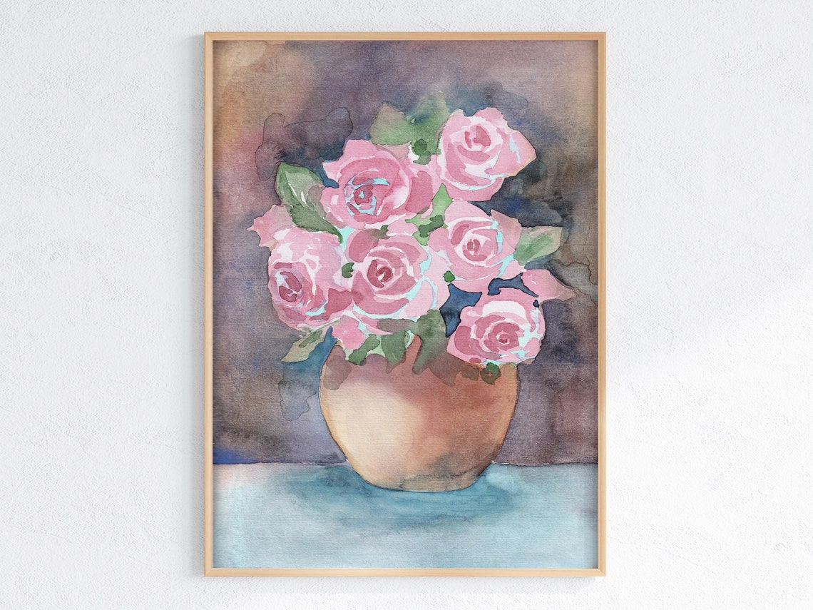 Pink Roses Bouquet In Vase Watercolor Floral Still Life Poster