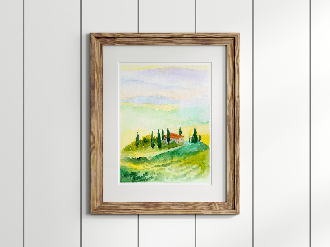 Tuscany Watercolor Farmhouse Among Cypress Trees at Dawn Print