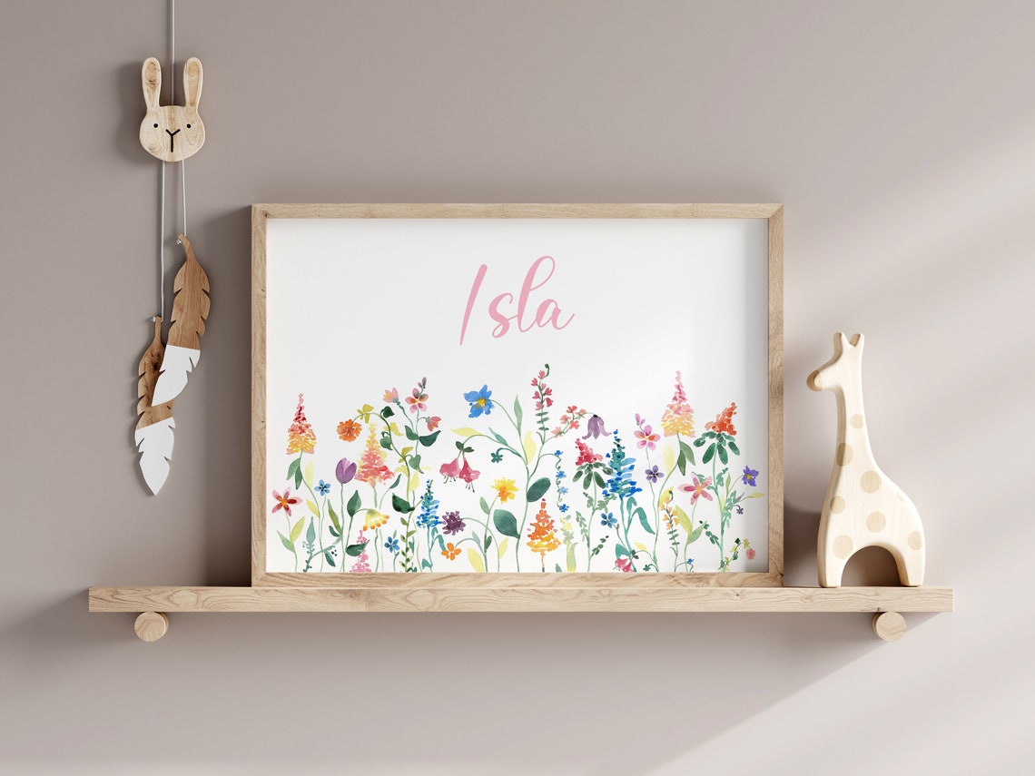Personalized Wildflower Name Nursery Poster with Rainbow Meadow Blooms - Image 3