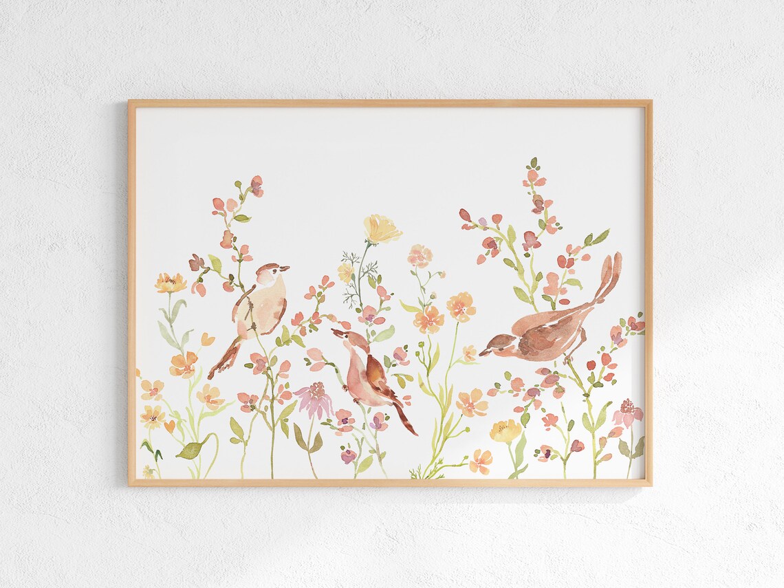 Birds on Flower Branches Watercolor Art Print