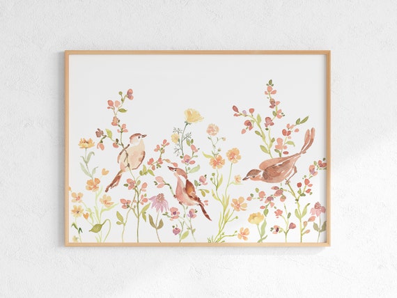Birds on Flower Branches Watercolor Art Print