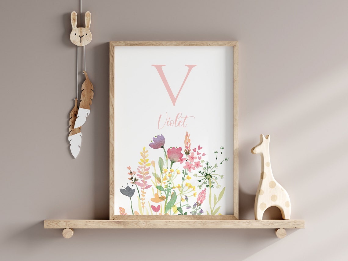 Personalized Wildflower Initial Nursery Watercolor Name Print - Image 3
