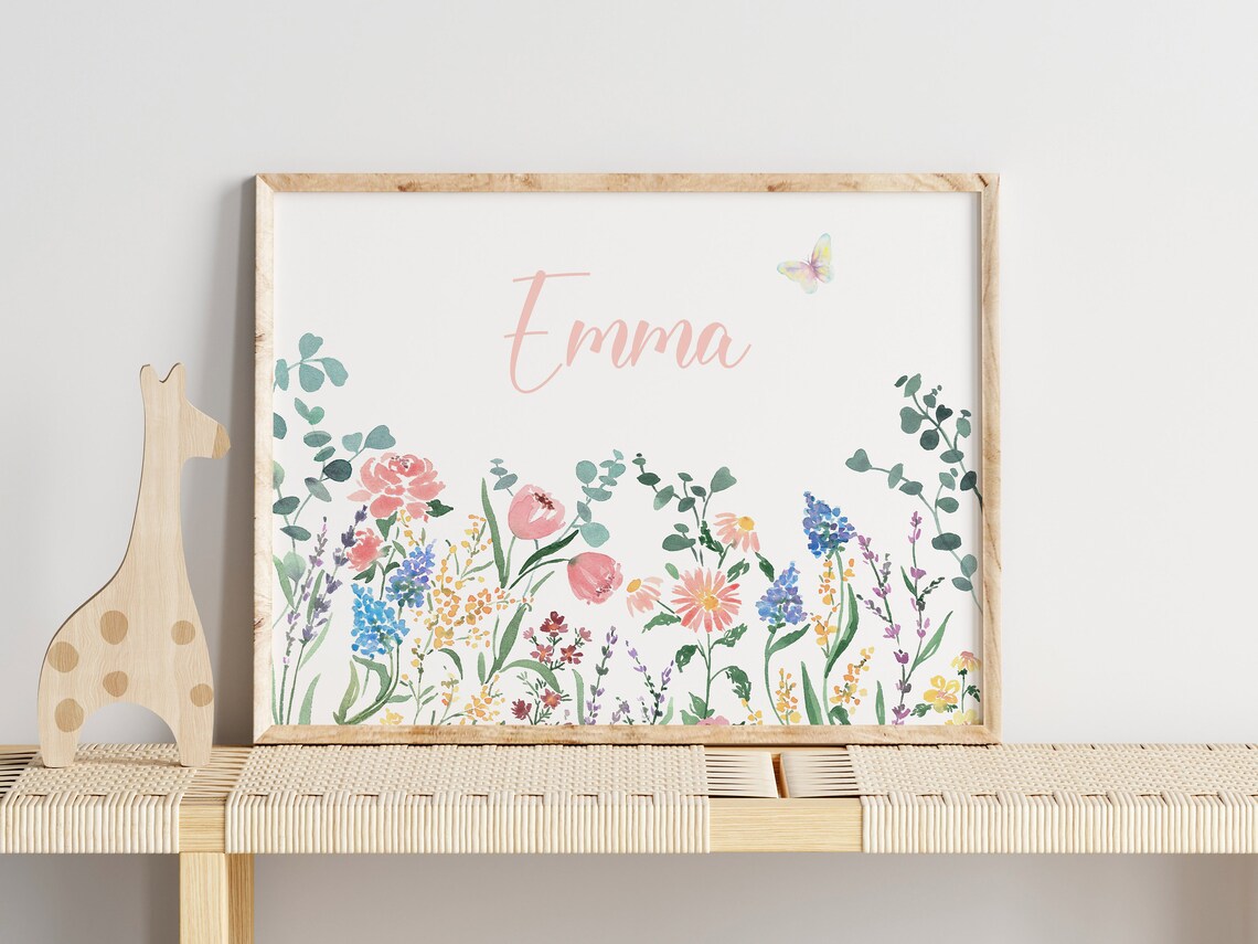 Girl Name Print With Wildflowers Nursery Art Print - Image 3