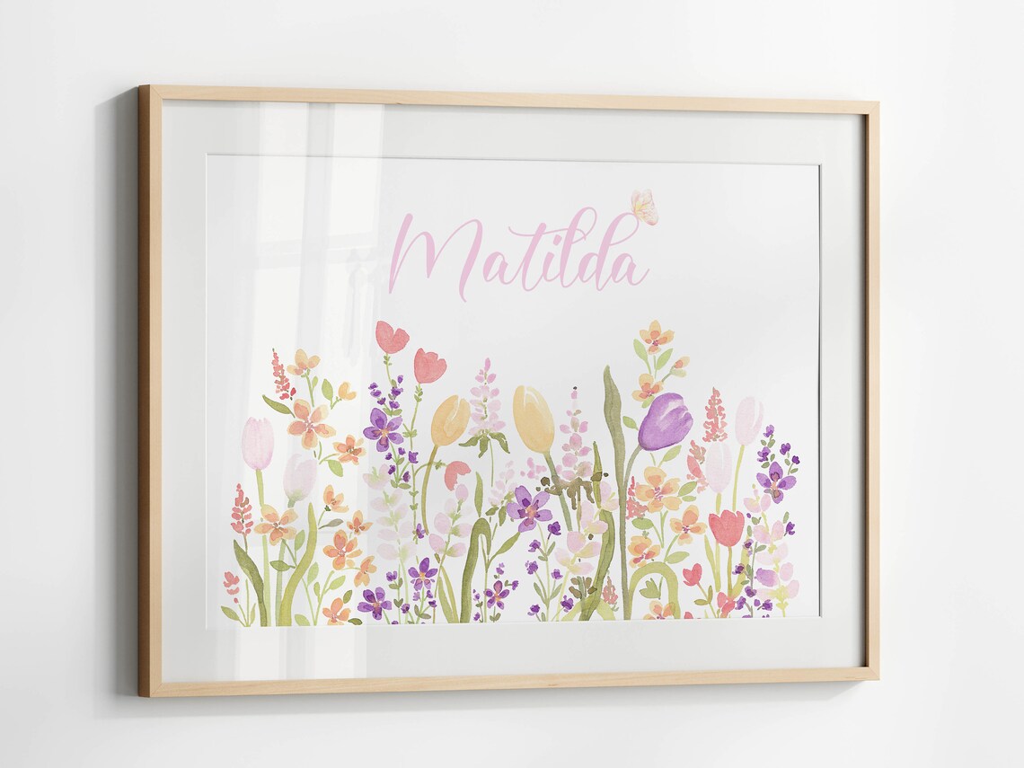 Custom Floral Name Wall Art, Wildflower Nursery Print