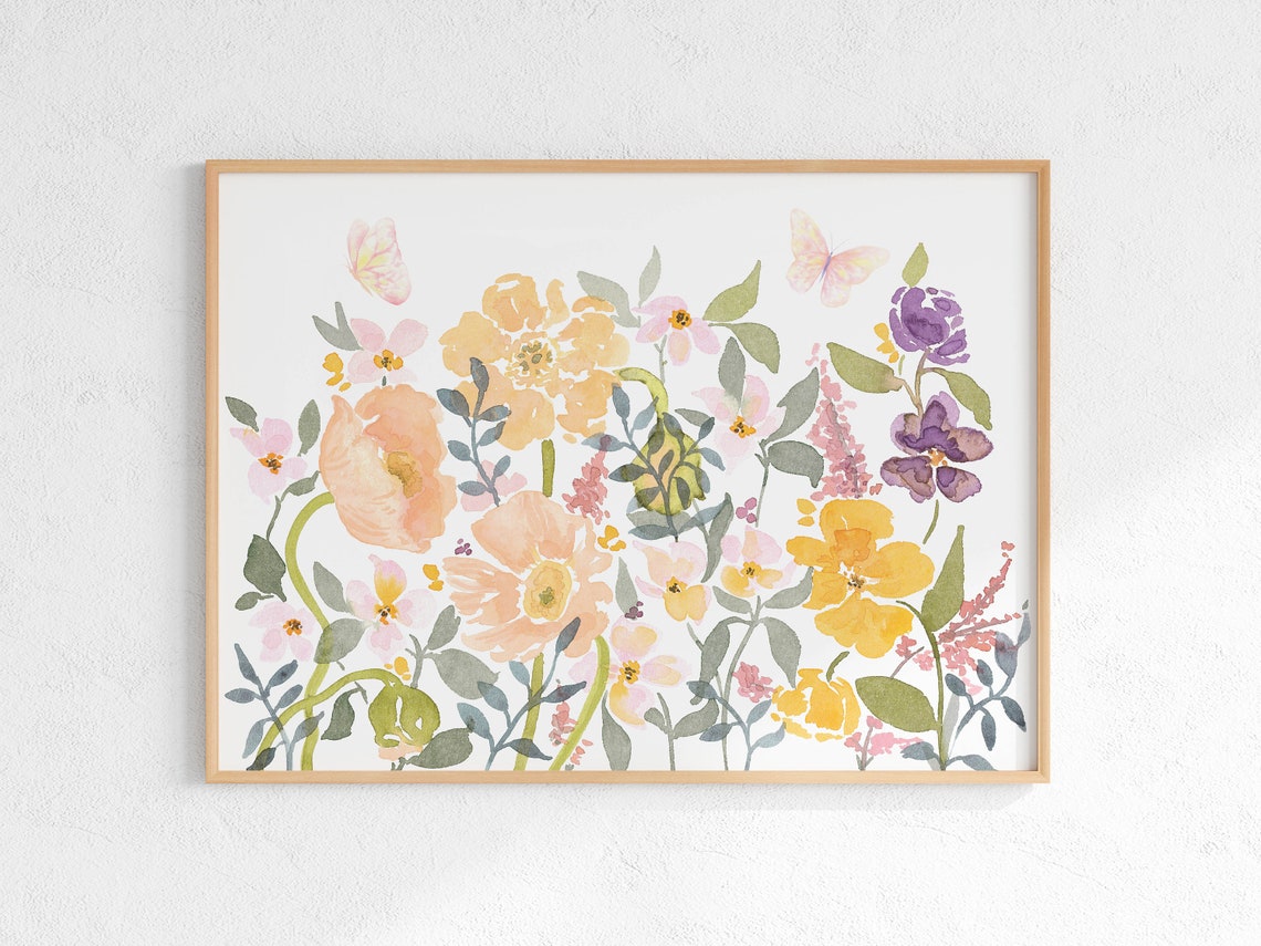 Horizontal Wildflower Watercolor Butterflies Floral Art Poster - Image 2