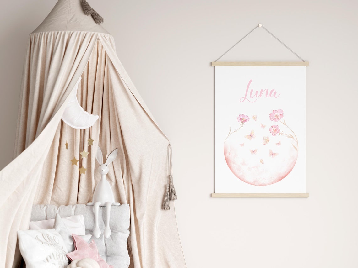 Luna Pink Moon With Butterflies Nursery Name Floral Art Print - Image 3