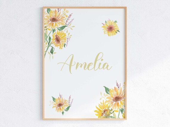 Personalized Sunflower Name Nursery Watercolor Floral Sign Poster