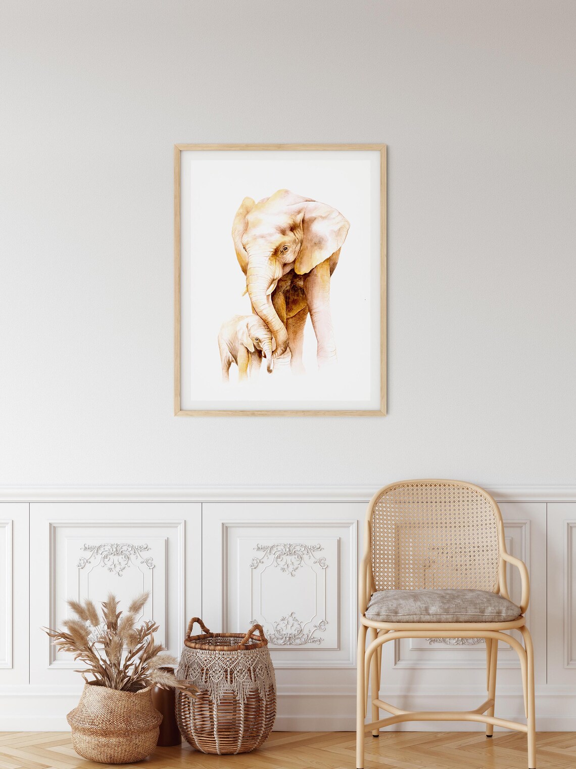 Elephant Mother and Baby Poster Golden Watercolor Wildlife Portrait Art - Image 2